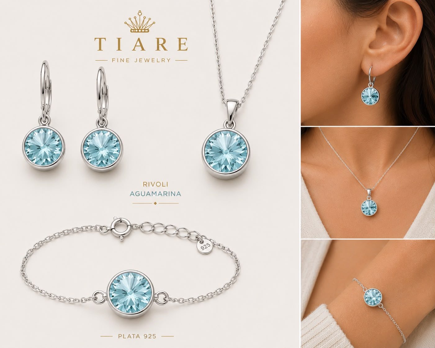 Set Rivoli Aguamarina para ella — cristal azul agua sobre plata 925