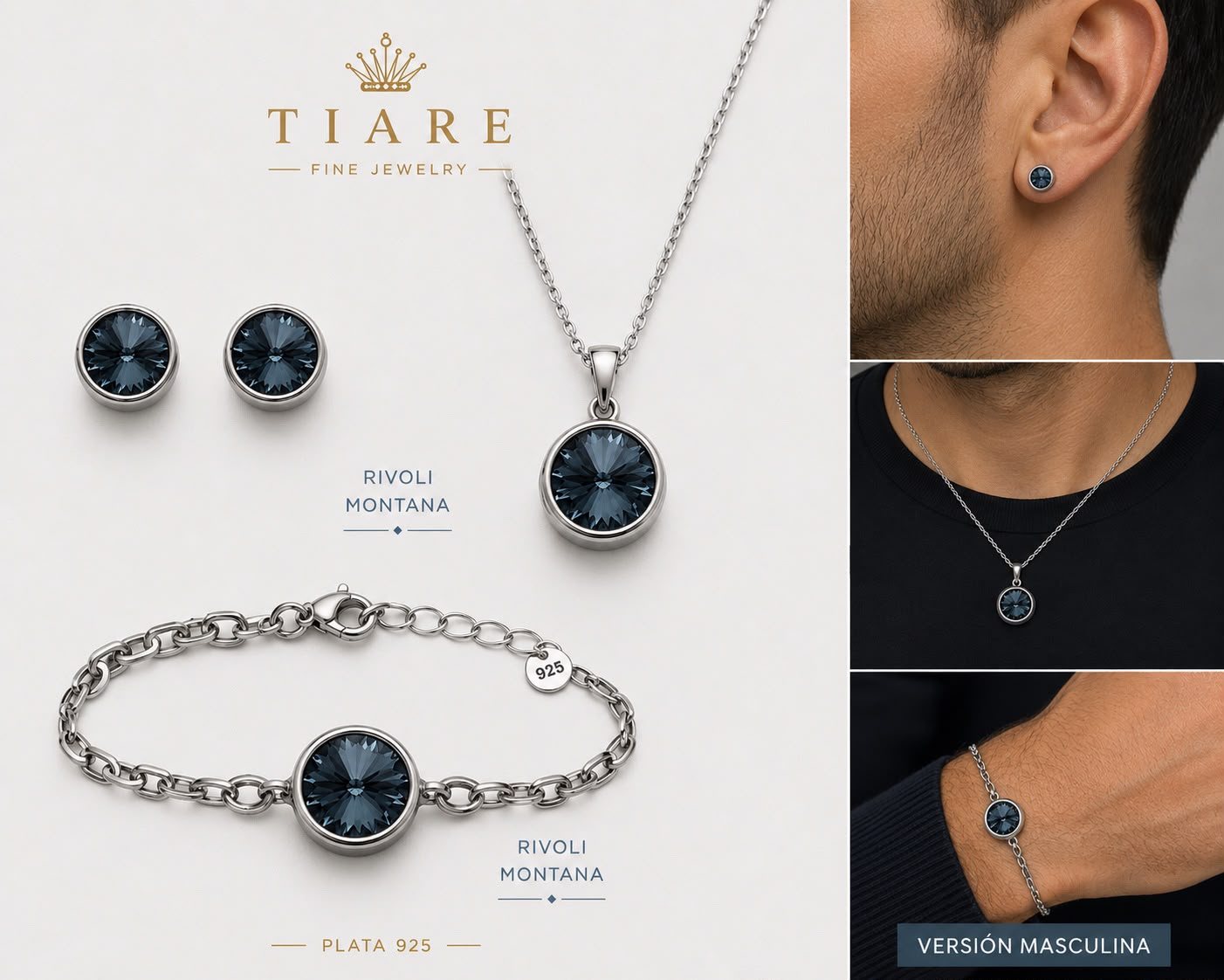Set Rivoli Montana versión masculina — cristal azul sobre plata 925